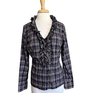 Worhtington Button-up Shirt Women's L Purple Stretch Plaid Ruffled Scoop Neck